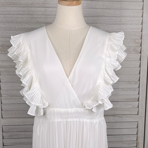 THE CLOTHING COMPANY Bridal Jumpsuit Pleated Wide Legs & Ruffle Sleeves White-L - Picture 2 of 6